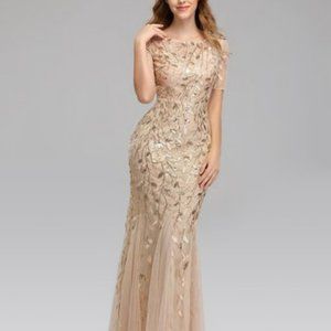 Goldtone & Champagne Leaf Sequin-Accent Tulle Godet Gown - Women